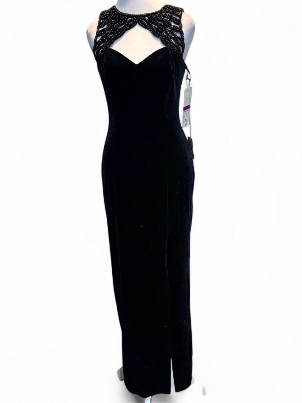 Vintage Y2K Faviana NWT Black Velvet Beaded Halter Prom Dress Gown 3/4